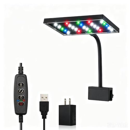 Aquarium LED Light USB 5V1A RGBW 5730 Timmer 1~10Gal Fish Tank Clip Light 10 Brightness Levels 8W with USB Port (Include UL Certification Power Adapter)