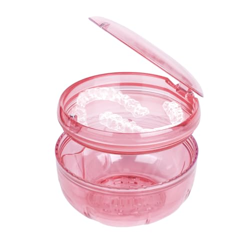 Retainer Cleaner Case,Double Layer Denture Cup for Soaking - color: Pink