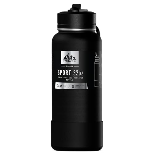 Hydrapeak 32oz Sport Insulated Water Bottle with Straw Lid, Leak & Spill Proof, Keeps Drinks Cold for 24 Hours, Hot for 12 Hours, Premium Stainless Steel Water Bottles (32oz, Black) - color: Black