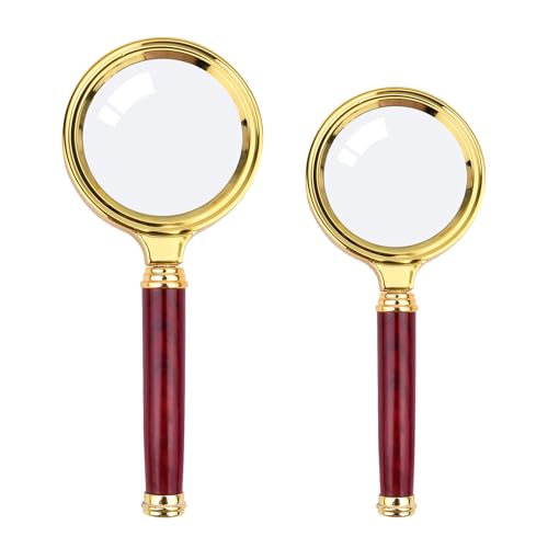 10X Magnifying Glass, Handheld Reading Magnifier with Antique Mahogany Handle, 80mm + 60mm Magnify Glasses Lens, Magnifier Glass for Book Reading, Insect Observation, Science (2 Pcs)