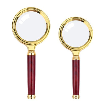 10X Magnifying Glass, Handheld Reading Magnifier with Antique Mahogany Handle, 80mm + 60mm Magnify Glasses Lens, Magnifier Glass for Book Reading, Insect Observation, Science (2 Pcs)