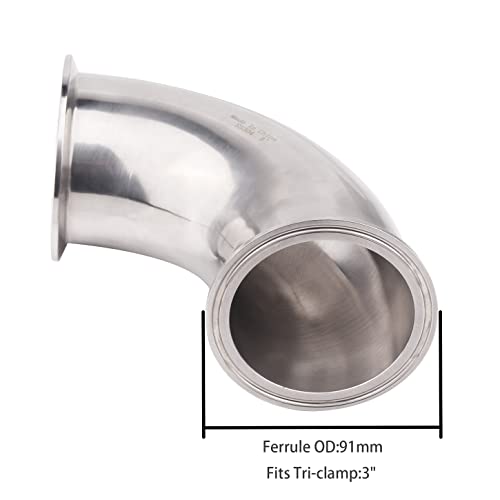DERNORD Sanitary Ferrule Elbow 90 Degree Pipe Fitting with 2 Piece Silicone Gasket SS304 Tri Clamp (3" Tube OD) - size: 3" Tube OD, style: Pack of 1