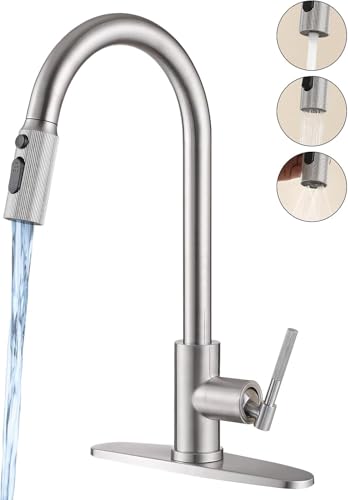 Kitchen Faucet, Pull Down Sprayer Kitchen Sink Faucet, Single Handle High-Arc with 3 Function Spray Head, 1 or 3 Hole Installation, Suitable for Farmhouse Laundry Rv Bar (Brushed Nickle)