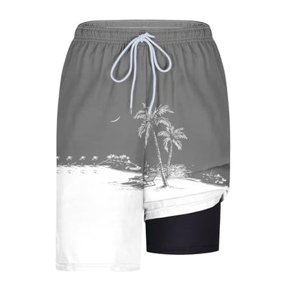 Men's Swim Trunks with Compression Liner Drawstring Bathing Suits Board Beach Shorts with Pockets - color: Gray, size: Medium