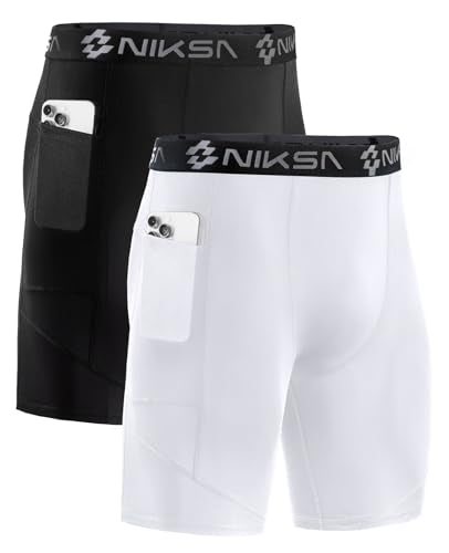 Niksa 1/2 Pack Mens Compression Shorts with Pocket, Performance Spandex Athletic Sports Workout Running Underwear Shorts - color: 1*black,1*white, size: XX-Large