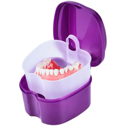 KISEER Purple Denture Bath Case Cup Box Holder Storage Soak Container with Strainer Basket for Travel Cleaning - color: Purple