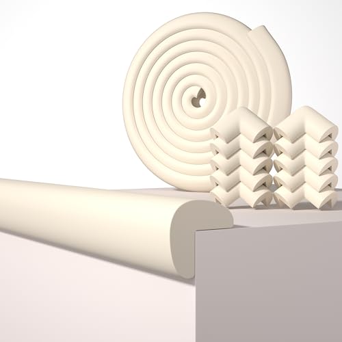 Baby Proof Edge Corner Protector, 16.4FT 0.47''Th L-Shape Furniture Corner & Edge Safety Bumpers with 10 Corners, Pre-Taped, Soft NBR Rubber Foam Desk Edge Cushion Wall Corner Protector (Beige) - color: Beige, size: 0.47''Th (16.4ft)