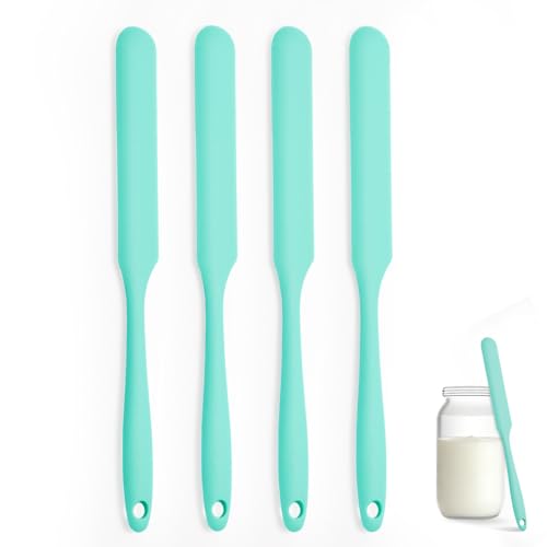 Silicone Jar Spatula Set of 4, Long Handle Skinny Spatula and Spurtle for Sourdough Starter, Flexible Jar Scraper for Peanut Butter, Jam, Icing, Cream with No Batter Left Behind (4, Green)