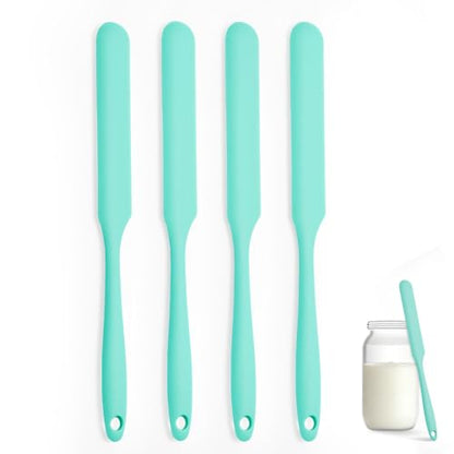 Silicone Jar Spatula Set of 4, Long Handle Skinny Spatula and Spurtle for Sourdough Starter, Flexible Jar Scraper for Peanut Butter, Jam, Icing, Cream with No Batter Left Behind (4, Green)