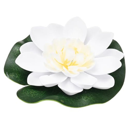 M METERXITY 1-Set Artificial Floating Foam Lotus Flower with Water Lily Pad, 4 Inch Fake Lotus Flowers Water Lilies for Pool/Fountain/Garden Decor, Pond Plants Ornaments [White]