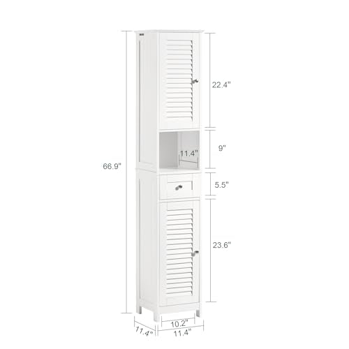 Haotian Narrow Bathroom Storage Cabinet, 67" Tall Skinny Bathroom Shelf with Drawers, Freestanding Corner Cabinet with Adjustable Shelves for Laundry Room, White, FRG236-W