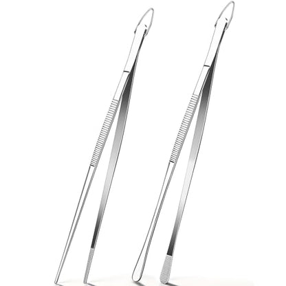 12 Inch Kitchen Tweezer Tongs, 2 PCS Stainless Steel Round & Precision Pointed Tip Extra Long Tweezers Multi-Use Kitchen Tweezers for Cooking, BBQ, plating, Grilling & Food Prep
