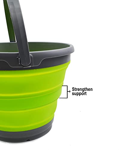 SAMMART 10L (2.6 Gallon) Collapsible Plastic Bucket - Foldable Round Tub - Portable Fishing Water Pail - Space Saving Outdoor Waterpot, Size 33cm Dia (Dark Grey/Fluorescent Green (Set of 2))