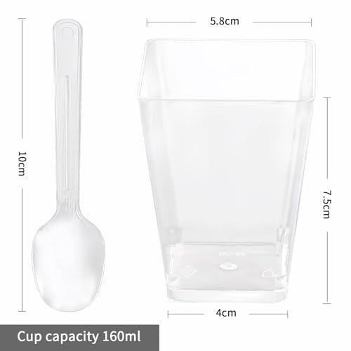 50 Pack Dessert Cups with Spoons, 5oz Plastic Yogurt Parfait Cups, Mini Square Dessert Cups with Spoons, Transparent Dessert Shooter Cups for Pudding, Mousse, Fruit, Dessert and Ice Cream