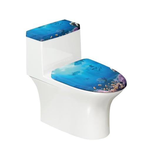 Bathroom Toilet Lid Cover Toilet Seat Cover Set 2 Pcs,Stretch Toilet Tank Lid Cover Protector,Fits Most Toilet Tanks and Lids,Sea Fish Blue
