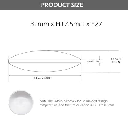 Double Convex Lens - 31mm Diameter, 27mm Focal Length, Optical biconvex Lens for Physics Experiments, Photography, Magnifying, and DIY Projects - Pack of 2pcs (31mm x H12.5mm x F27) - size: 31mm x H12.5mm x F27