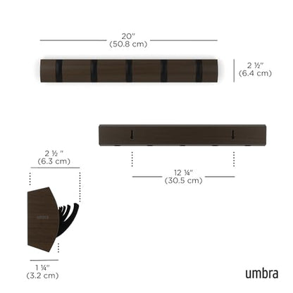 Umbra Flip Coat Rack, Wall Mounted 5-Hook Space Saving, Walnut/Black - color: Walnut/Black, size: 5 hook