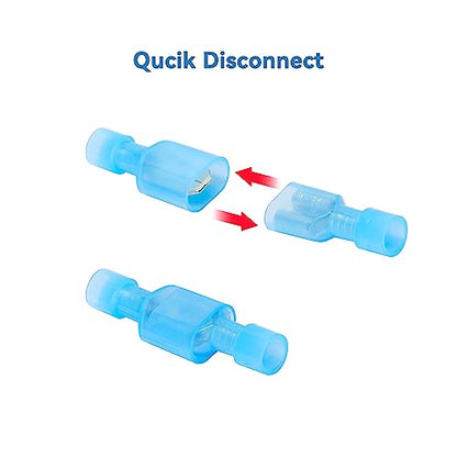 HKS 150PCS Nylon Female Spade Quick Disconnect Connector - Blue 16-14 AWG Electrical Wire Connectors Kit - Tinned Copper - Cold-Pressed Wire Terminal Automotive Crimp Insulated