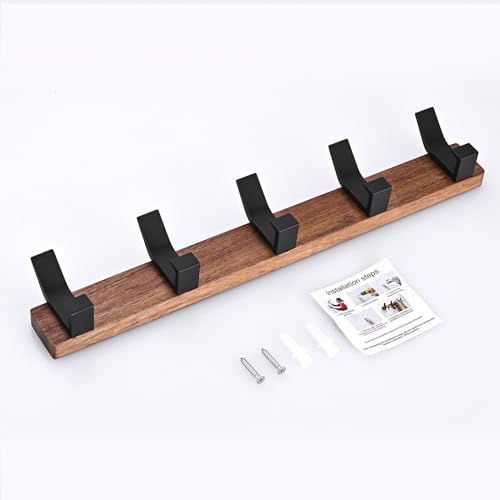 Coat Rack Wall Mount - 16.9 Inches Coat Rack Wall Mount with 5 Hooks Walnut Wood Coat Hooks Wall Mounted Rustproof Coat Hanger Black Aluminum Wall Hooks for Hanging Coat Hat Backpack Key - size: 5 Hooks