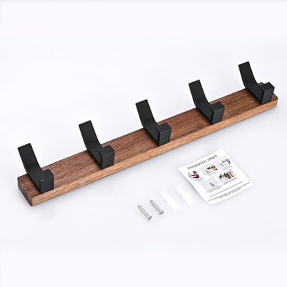Coat Rack Wall Mount - 16.9 Inches Coat Rack Wall Mount with 5 Hooks Walnut Wood Coat Hooks Wall Mounted Rustproof Coat Hanger Black Aluminum Wall Hooks for Hanging Coat Hat Backpack Key - size: 5 Hooks
