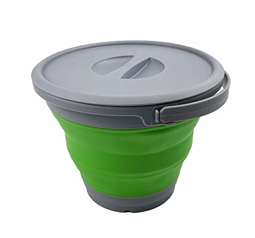 SAMMART 5.5L (1.4 Gallon) Collapsible Plastic Bucket with Lid - Foldable Round Tub with Lid - Portable Fishing Water Pail - Space Saving Outdoor Waterpot. (Grey/Bamboo Green)