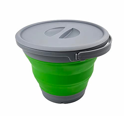 SAMMART 5.5L (1.4 Gallon) Collapsible Plastic Bucket with Lid - Foldable Round Tub with Lid - Portable Fishing Water Pail - Space Saving Outdoor Waterpot. (Grey/Bamboo Green)