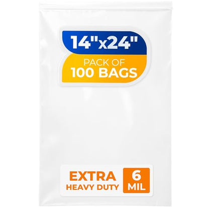 14" x 24" Reclosable Plastic Zip Bags, Pack of 100, 6 Mil Heavy-Duty Clear Poly Bags, Resealable for Food, Clothes, Hardware, Jewelry - size: 14"W x 24"H