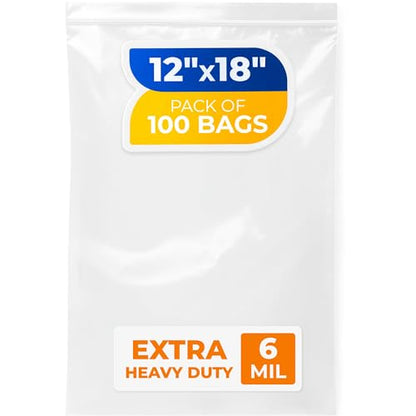 12" x 18" Reclosable Plastic Zip Bags, Pack of 100, 6 Mil Heavy-Duty Clear Poly Bags, Resealable for Food, Clothes, Hardware, Jewelry - size: 12"W x 18"H