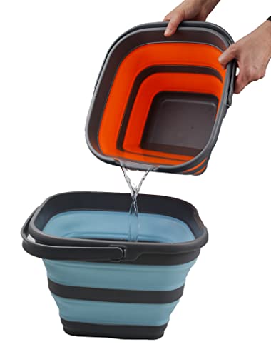 SAMMART Set of 2-10L (2.6 Gallon) Collapsible Plastic Rectangular Bucket - Portable Fishing Bucket - Foldable Tub with Handle - Pop up Saving (Grey/Orange (Set of 2)) - color: Grey/Orange (Set of 2)