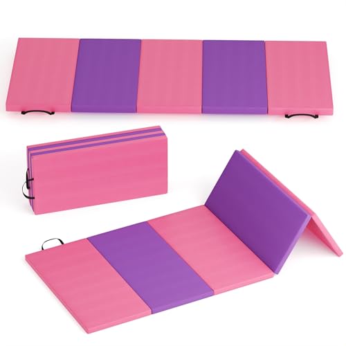 Folding Gymnastics Mat 6X4X2 ft, Extra Thick Home Exercise Mat for Tumbling, Yoga, Martial Arts, MMA, Cheerleading, Portable Workout Mat with Carrying Handles, Non-Slip PU Leather - color: Pink-Purple, size: Five-Fold
