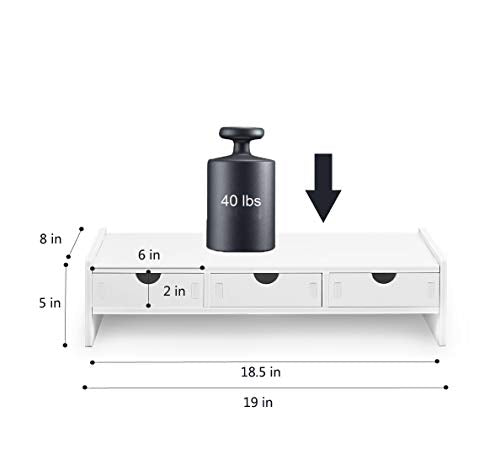 valen Monitor Stand Riser, Computer Laptop Riser Shelf with 3 Organizer Drawers (White, 19.5" L x 7.5" W x 4.7" H) (White)
