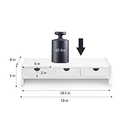 valen Monitor Stand Riser, Computer Laptop Riser Shelf with 3 Organizer Drawers (White, 19.5" L x 7.5" W x 4.7" H) (White)