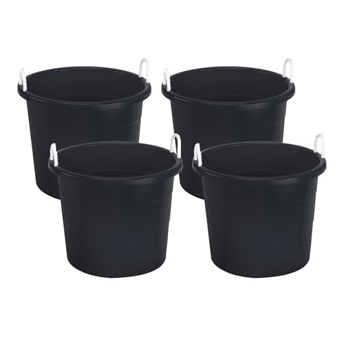 HOMZ 4-Pack Utility Tub, Large Plastic Storage Bucket with Rope Handles, 17 Gallon, Black - Portable Indoor and Outdoor Buckets for Kitchen, Laundry, Garden, Bathroom, and Garage Organization