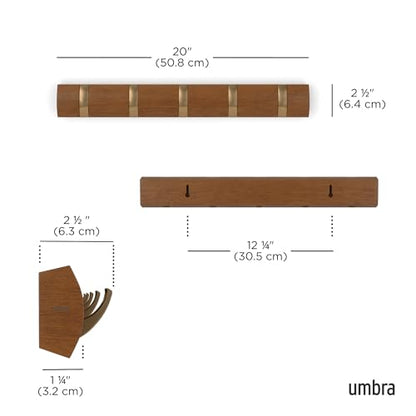 Umbra Flip Coat Rack, Wall Mounted 5-Hook Space Saving, Walnut/Gold - color: Walnut/Gold, size: 5 hook