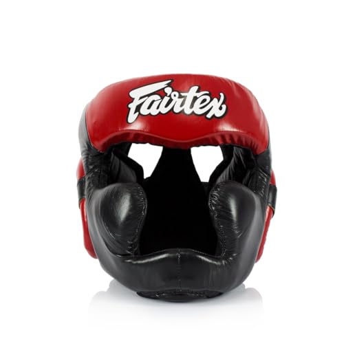 Fairtex Full Head Guard, Muay Thai MMA Sparring Helmet Protective Headgear | Handcrafted 3-layer padding shell. Lightweight sleek construction shields against elbows during high-intensity ring session - color: HG13 Full Head-Black/Red, size: Medium