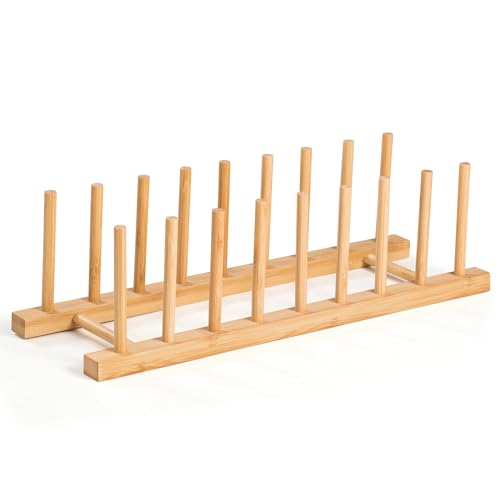 Bamboo Dish Racks 8 Slots,Wooden Plate Organizer for Cabinet Space Saver, Dish, Pots, Lids, Bowls, Cups,Cutting Boards and Books Storage (Box Included)