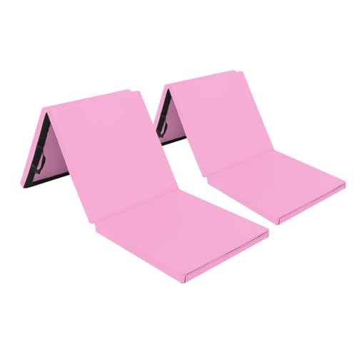 Matladin 6' Folding Tri-fold Gymnastics Gym Exercise Aerobics Mat, 6ft x 2ft x 2in PU Leather Tumbling Mats with Hook & Loop Fastener for Stretching Yoga Cheerleading Martial Arts - color: Pink-2 Pack