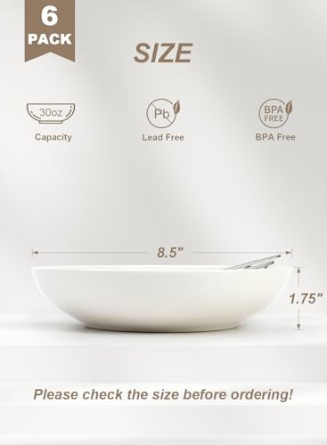 Quatish Pasta Bowls 30oz Set of 6, Salad Bowls Soup Bowl for Kitchen, Microwave & Dishwasher Safe, Large Porcelain Wide and Shallow Serving Bowl, White Dinner Plates, Dinnerware Set, Gift