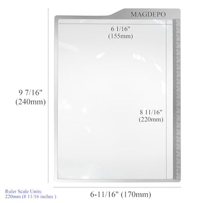MAGDEPO 3X Page Magnifying Lens 8.6" x 6" Flexible Plastic Measuring Full Fresnel Sheet Ultra-Thin for Reading Book, The Bible, Map, Newspaper, Science, Hobbies with Card Size Magnifier