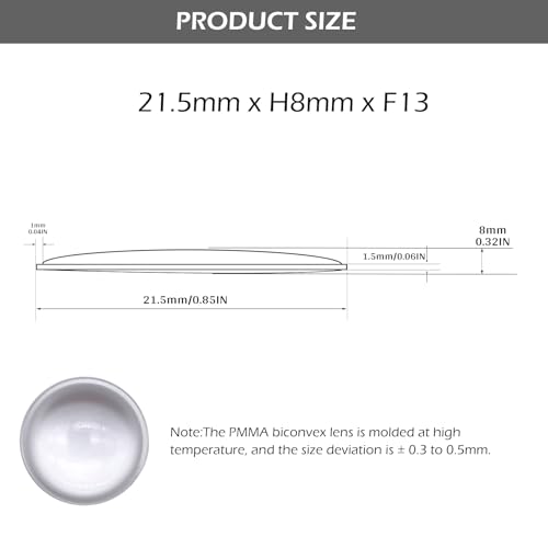 Double Convex Lens - 22mm Diameter, 13mm Focal Length, Optical biconvex Lens for Physics Experiments, Photography, Magnifying, and DIY Projects - Pack of 5pcs (21.5mm x H8mm x F13) - size: 21.5mm x H8mm x F13