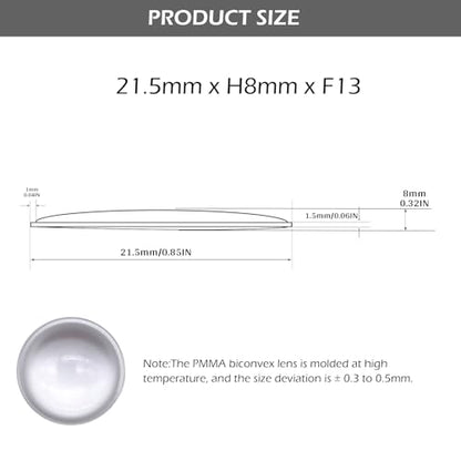Double Convex Lens - 22mm Diameter, 13mm Focal Length, Optical biconvex Lens for Physics Experiments, Photography, Magnifying, and DIY Projects - Pack of 5pcs (21.5mm x H8mm x F13) - size: 21.5mm x H8mm x F13