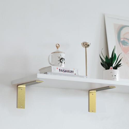 Gold Shelf Brackets 6 Inch, Rustic Iron L Shelf Bracket,Heavy Duty Industrial Shelf Bracket,Gold Metal L Brackets for Shelves Support DIY, 6 Pack