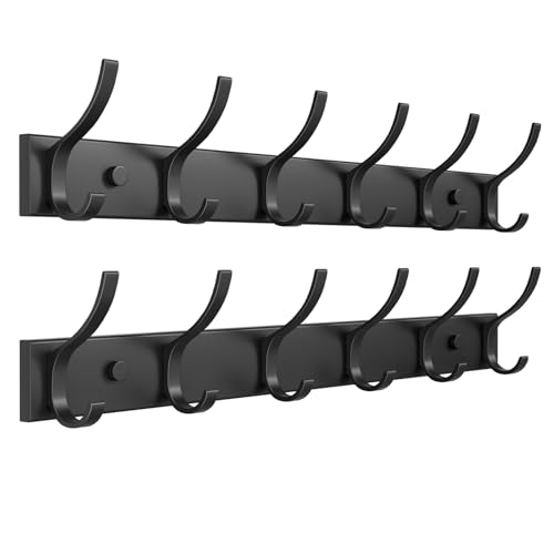 Coat Rack Wall Mount with 6 Hooks (Black, 2 Pack), Heavy Duty Coat Hooks Wall Mount for Entryway, Bedroom, Closet, Wall Hooks for Hanging Coats, Hats, Bags, Purses. - size: 2 Pack