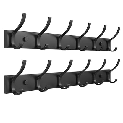 Coat Rack Wall Mount with 6 Hooks (Black, 2 Pack), Heavy Duty Coat Hooks Wall Mount for Entryway, Bedroom, Closet, Wall Hooks for Hanging Coats, Hats, Bags, Purses. - size: 2 Pack