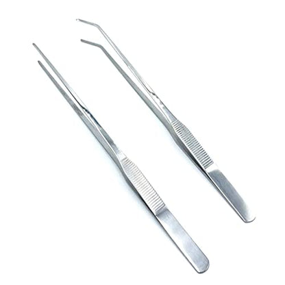 2PCS Aquarium Tweezers Stainless Steel Straight and Curved Tweezers Set Long Handle Reptile Feeding Tongs for Aquatic Plants Lizards Spider Snakes Garden Repairing - 10.6inch, Silver