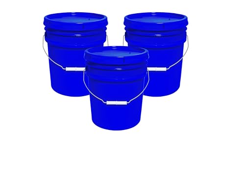 5-Gallon Bucket with Airtight Lid – Made in USA, Food Grade BPA Free Plastic, Heavy Duty Multi-Use, Metal Handle with Grip, Stackable Storage – Blue, 3 Pack