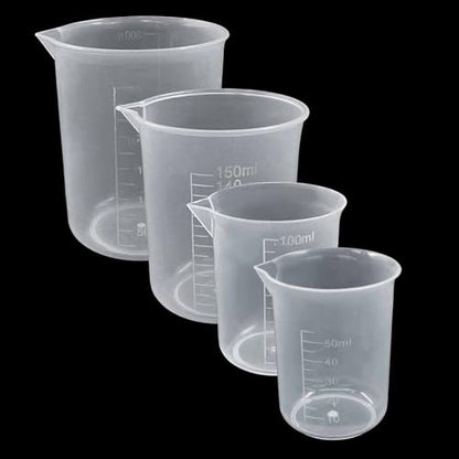 Waziaqoc 4 Pack Plastic Graduated Beaker, 50ml/100ml,/150ml/300ml Transparent PP Measuring Cup Mixing Cup for Kitchen Lab