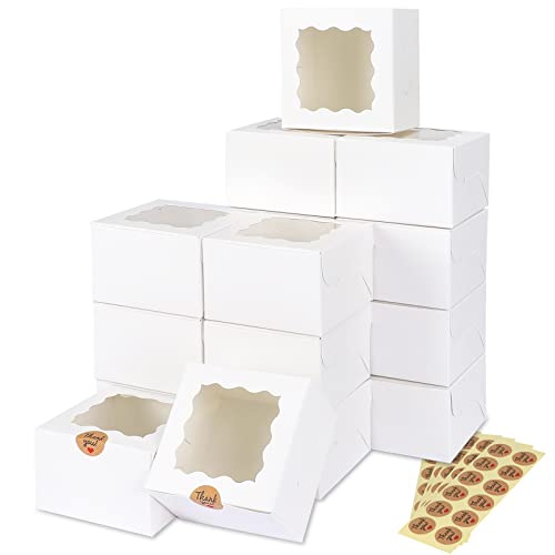 Moretoes 50pcs White Cookie Boxes with Window, 4x4x2.5 Inches Bakery Boxes with 5pcs Stickers for Small Cookies, Treats, Desserts, Chocolate Covered Strawberries, Mini Cake