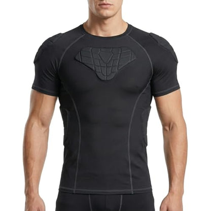 TUOY New Football Rib Chest Protector Shirt Padded Compression Shirts 6 Pads Adult Sizes Dark Black - color: A Black, size: Large