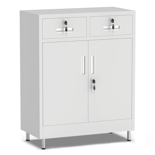 Metal Storage Cabinet with Locking Doors and 2 Drawers, Lockable Storage Cabinet with Adjustable Shelf for Home Office Garage Entryway Pantry (White) - color: White